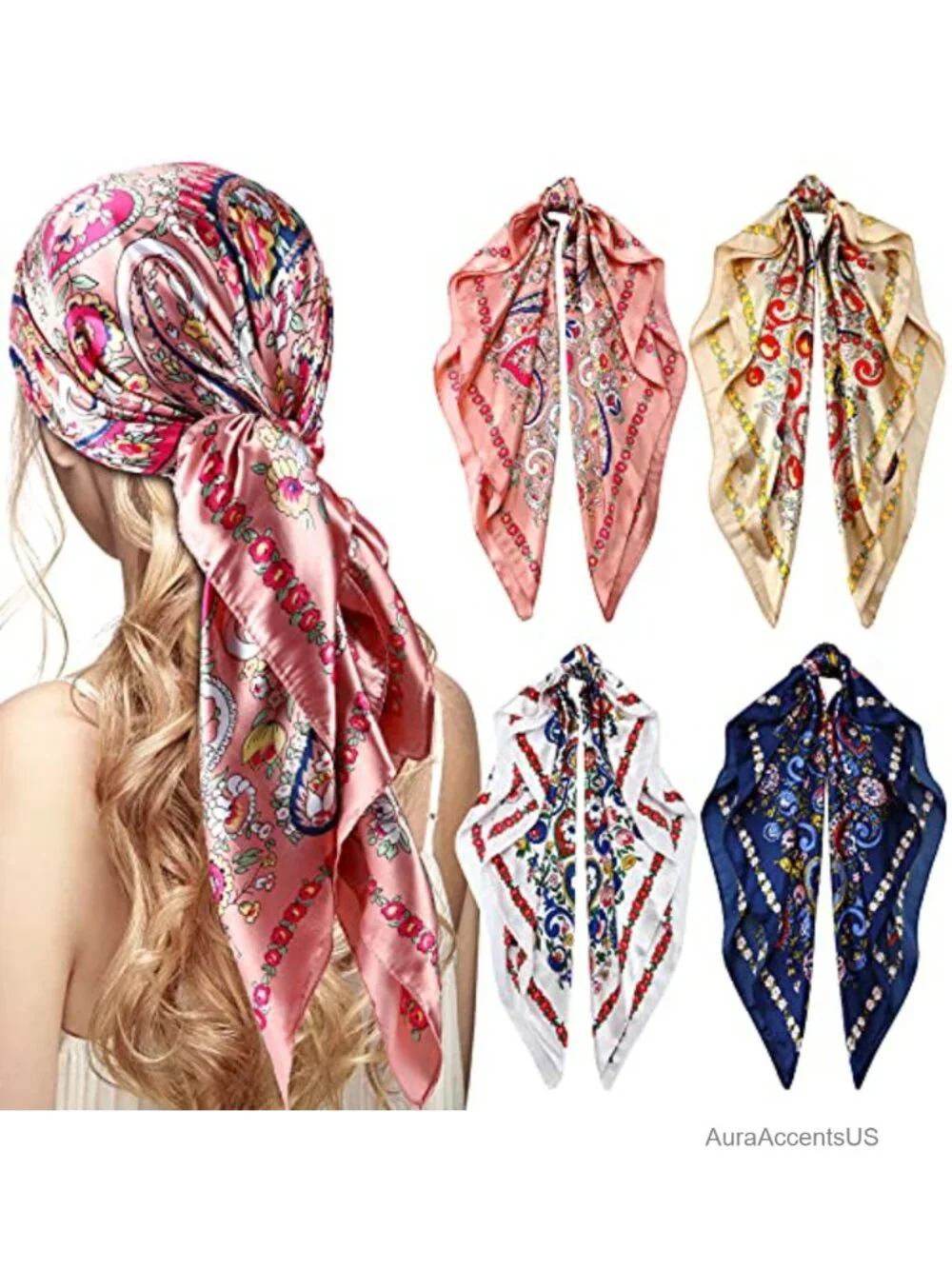 4 Pack 35 Inch Satin Head Scarf Square Bandana Silk-like Scarf for Hair